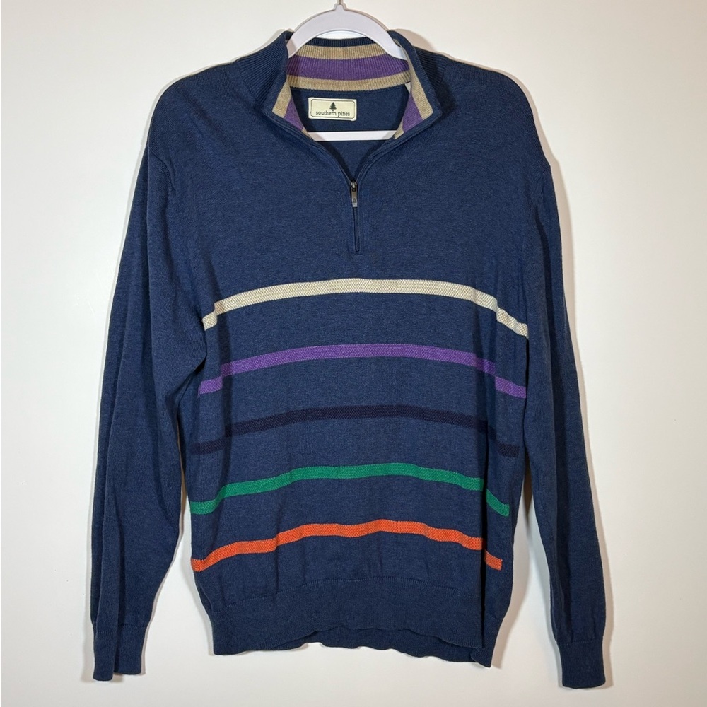 Southern Pines Men's Navy Striped Zip-Up Sweater